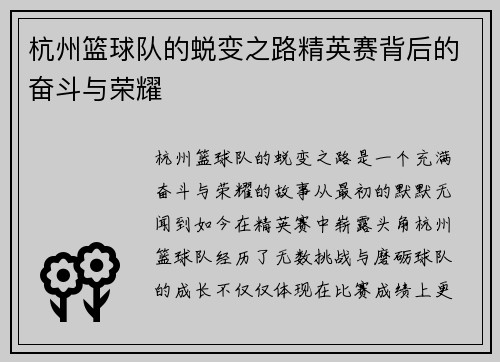 杭州篮球队的蜕变之路精英赛背后的奋斗与荣耀